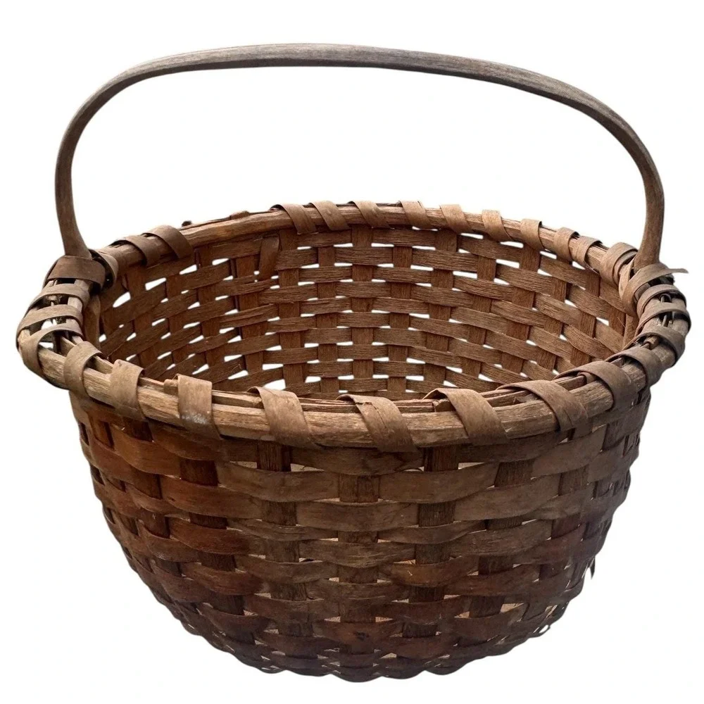 Vintage‎ Primitive Hand Woven Splint Wood Gathering Basket Fixed Handle Brown